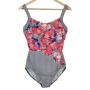 Miraclesuit Nautical Striped Floral One Piece Swimsuit Size 14